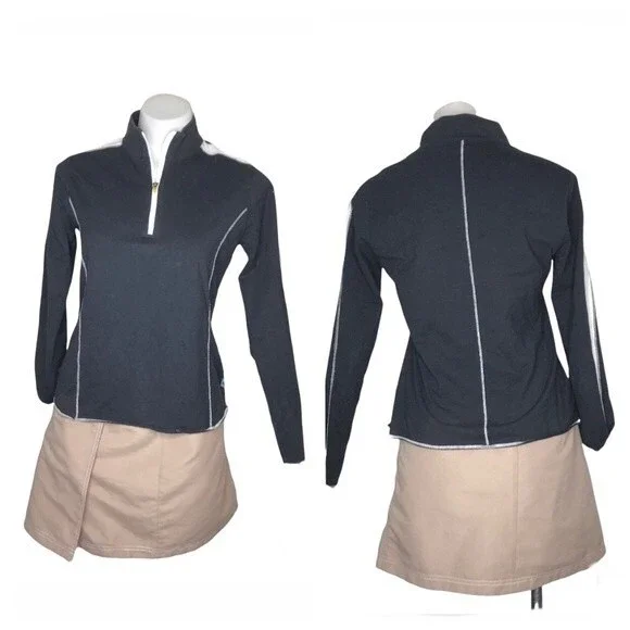 LL BEAN Athletic Pullover High Neck Quarter Zip Black White Exposed Seams Small - Picture 8 of 8